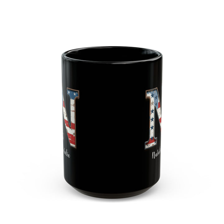 Mug - Patriotic American Flag Letter N with Kevin Name - Vintage Red, White, and Blue Design