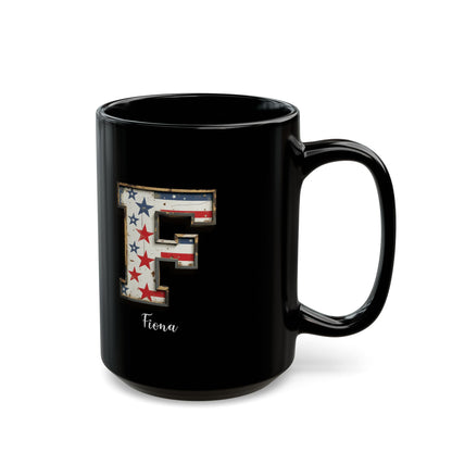 Mug - Patriotic American Flag Letter F with Kevin Name - Vintage Red, White, and Blue Design