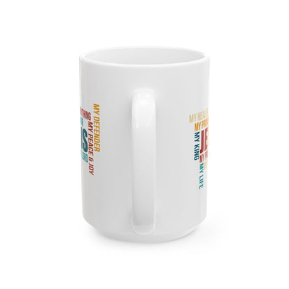 Jesus Is Word Cloud White Mug – Christian Faith Inspiration