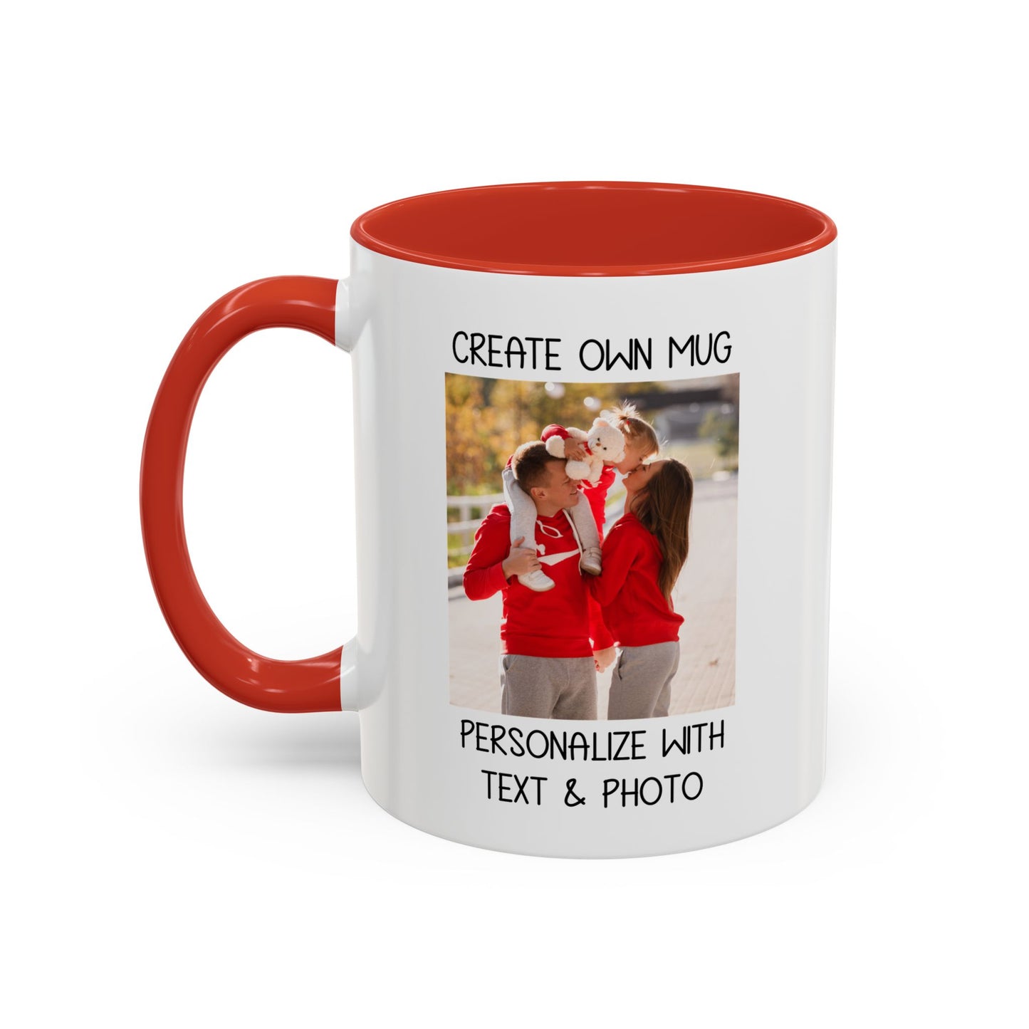Happy Family Moments in Red Hoodies - Dad, Mom, and Daughter Outdoors Mug