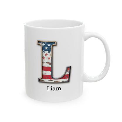 White American Flag Mug with Letter L and Name Liam Personalized Patriotic Coffee Cup Gift for Veterans Military or Proud USA Supporters
