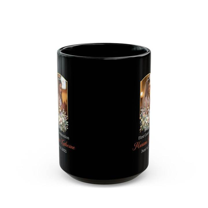 Black Personalized First Communion Mug for Girl – Custom Photo and Name Keepsake Gift for Catholic Celebration – Floral Holy Chalice Design