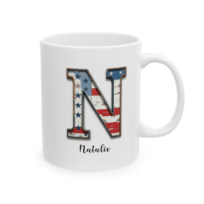 Mug - Patriotic American Flag Letter N with Kevin Name - Vintage Red, White, and Blue Design
