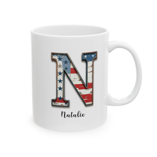 Mug - Patriotic American Flag Letter N with Kevin Name - Vintage Red, White, and Blue Design