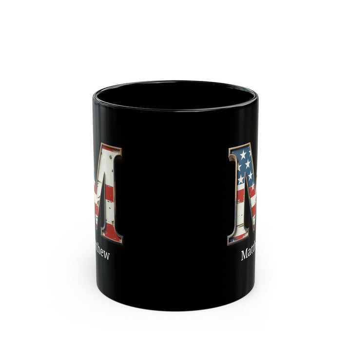 Black American Flag Mug with Letter M and Name Matthew Personalized Patriotic Coffee Cup Gift for Men Veterans or Proud USA Supporters
