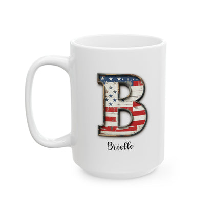 Mug - Patriotic American Flag Letter B with Kevin Name - Vintage Red, White, and Blue Design