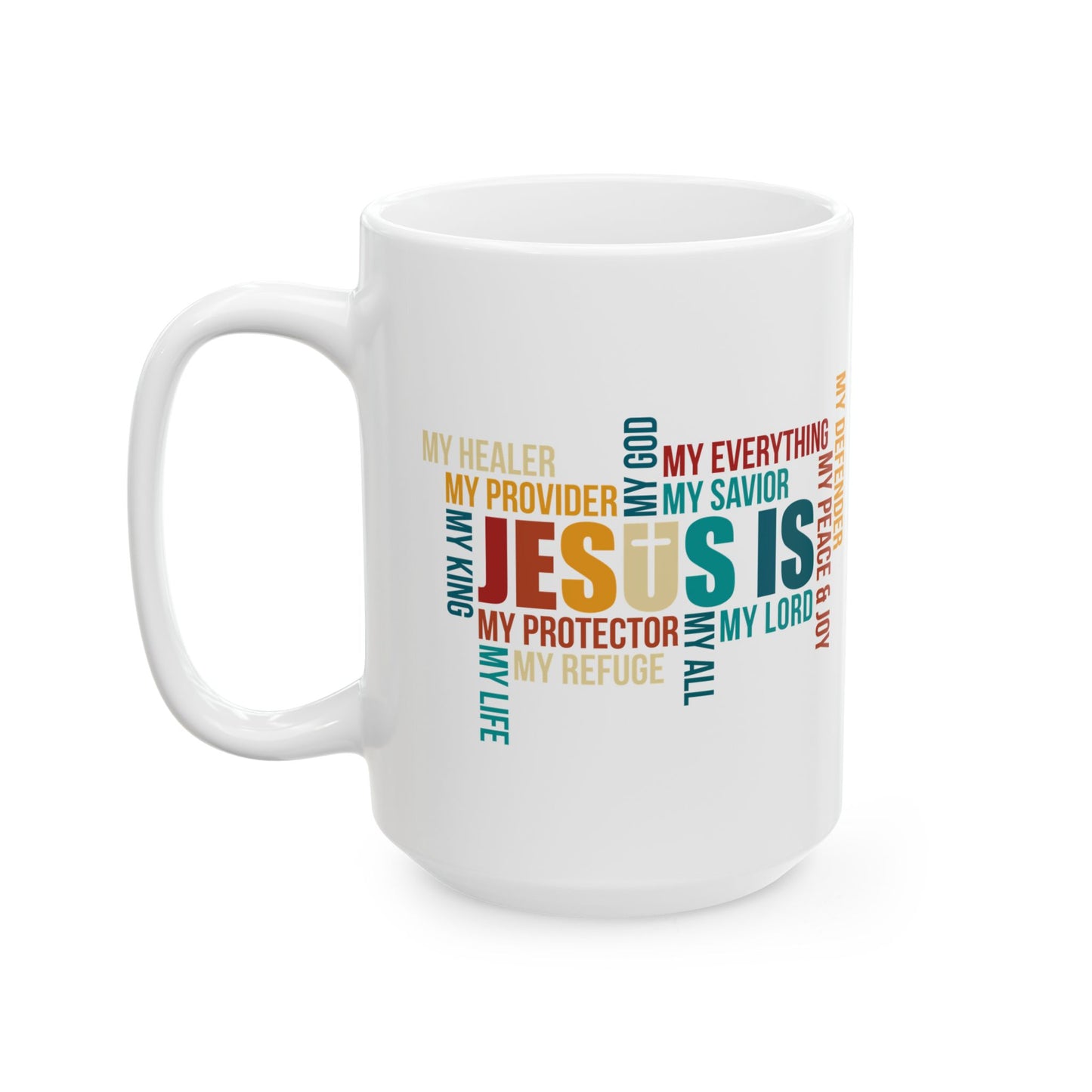 Jesus Is Word Cloud White Mug – Christian Faith Inspiration