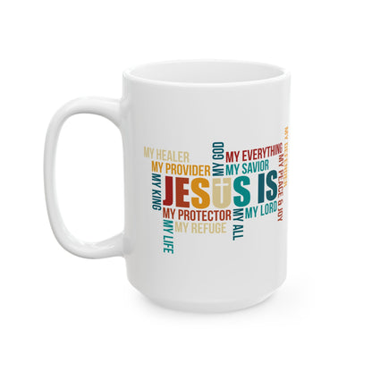 Jesus Is Word Cloud White Mug – Christian Faith Inspiration