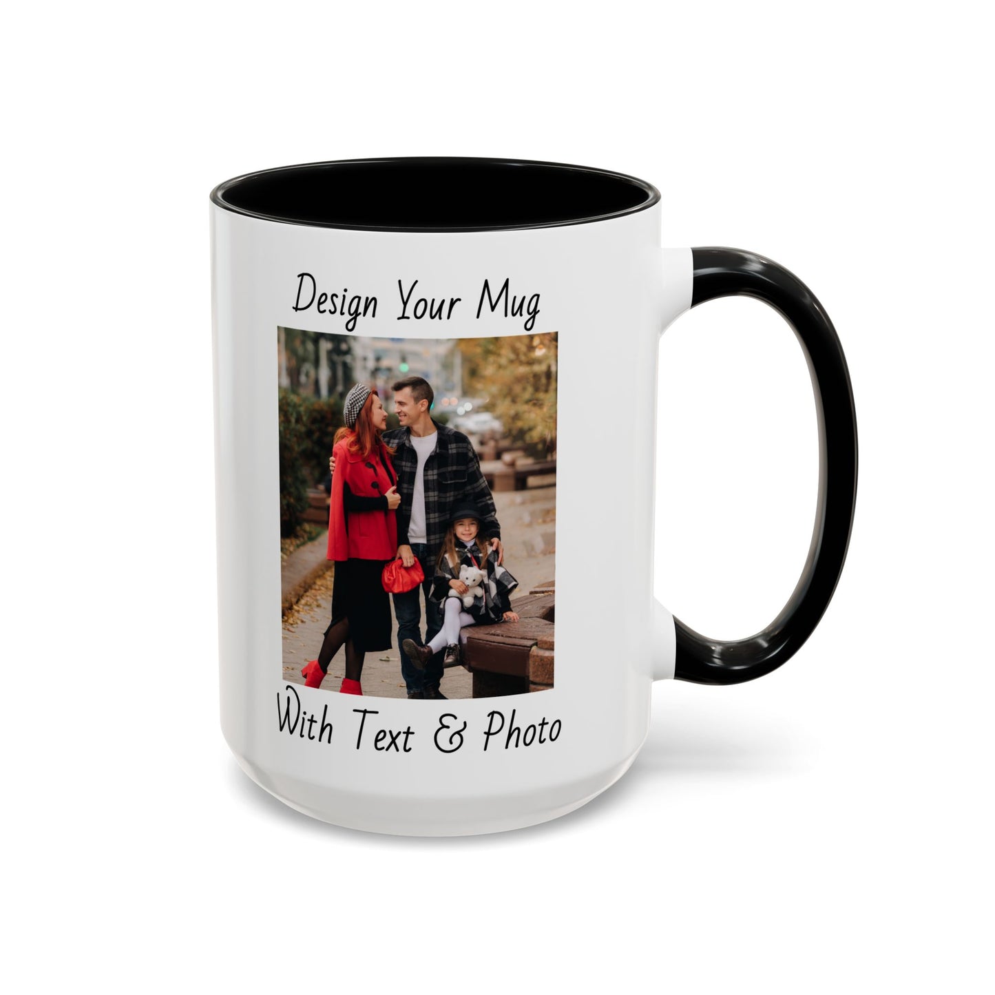Family Fall Fashion - Mom, Dad, and Daughter in Stylish Outerwear Outdoors Mug