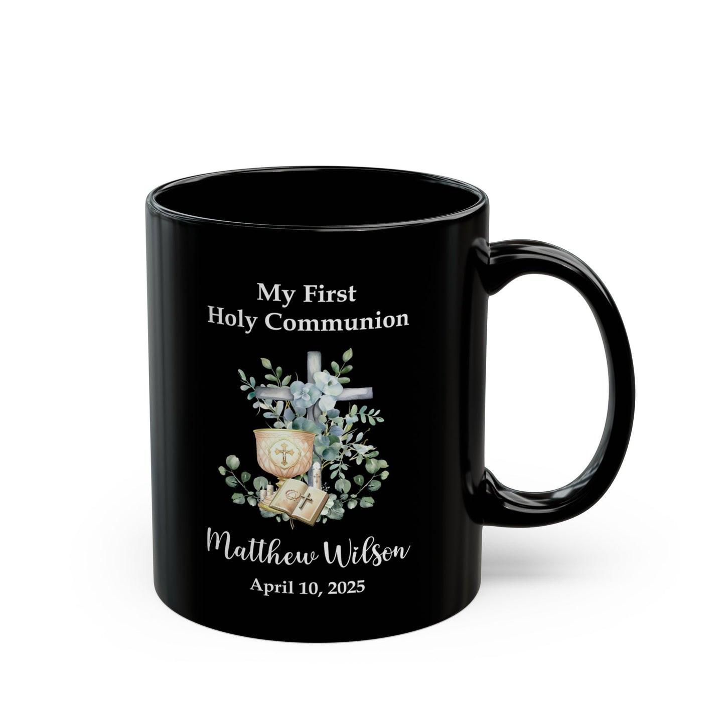First Holy Communion Black Mug – Personalized Gift for Matthew