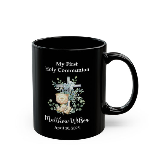 First Holy Communion Black Mug – Personalized Gift for Matthew