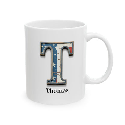 White American Flag Mug with Letter T and Name Thomas Personalized Patriotic Coffee Cup Gift for Men Veterans or Proud Americans