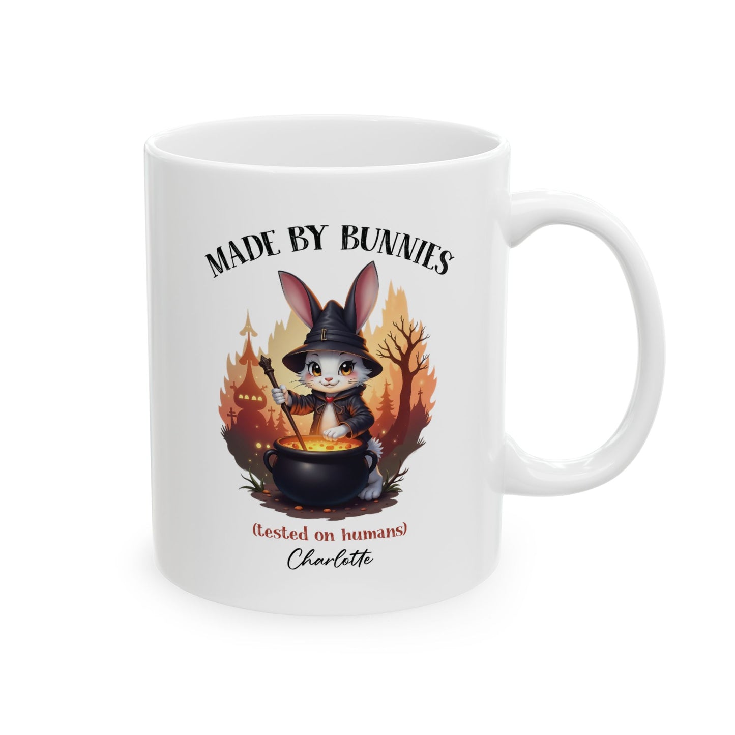 Made By Bunnies Mug – Cute Witch Bunny Gift (Custom Name)