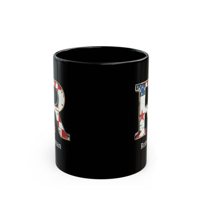 Black American Flag Mug with Letter R and Name Roman Personalized Patriotic Coffee Cup Gift for Men Veterans or Proud USA Supporters