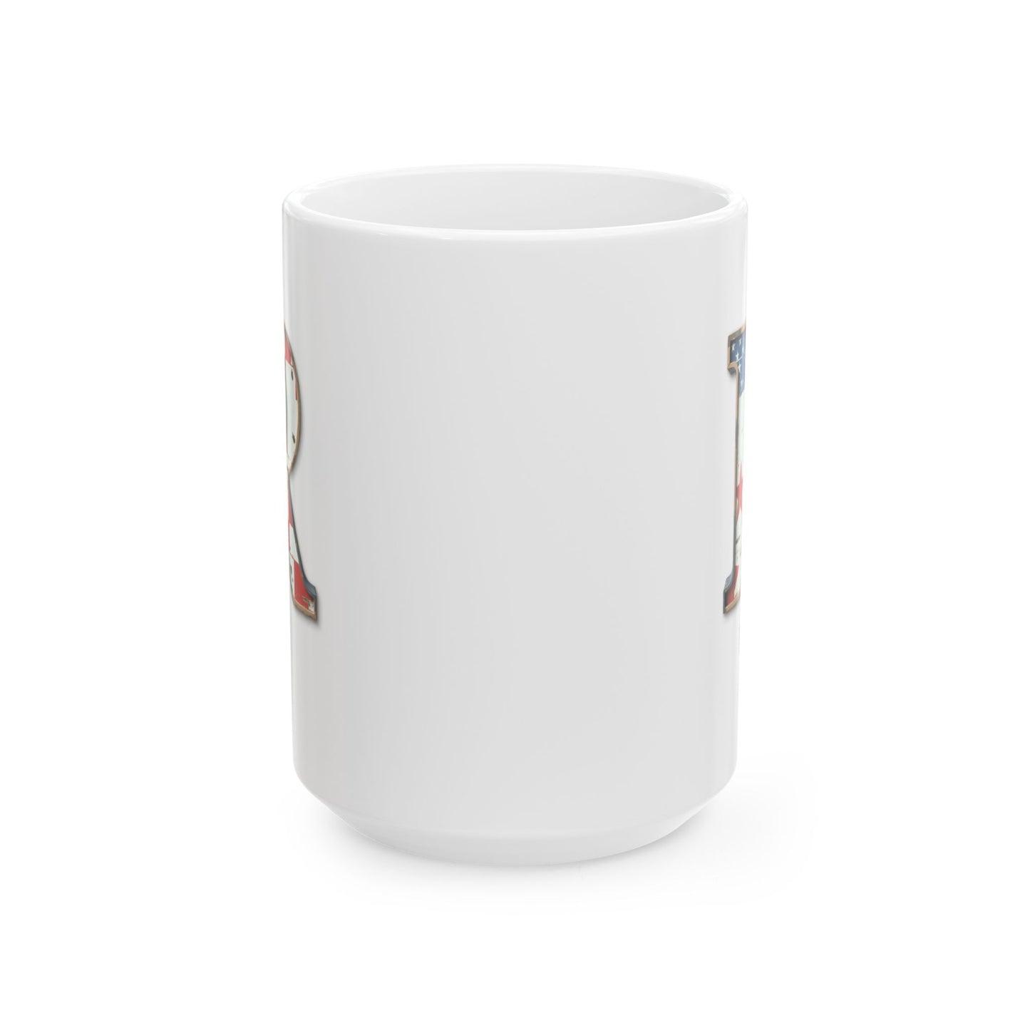 Mug - Patriotic American Flag Letter R with Kevin Name - Vintage Red, White, and Blue Design