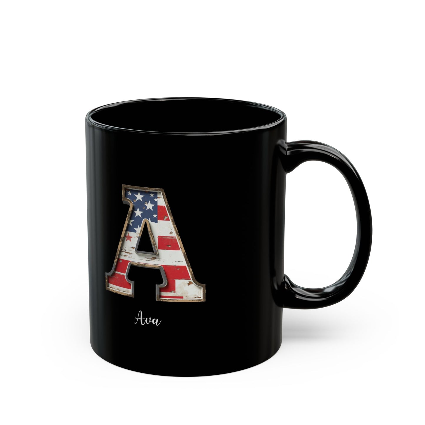 Patriotic Initial Mug – Letter A with American Flag – Custom Name Ava