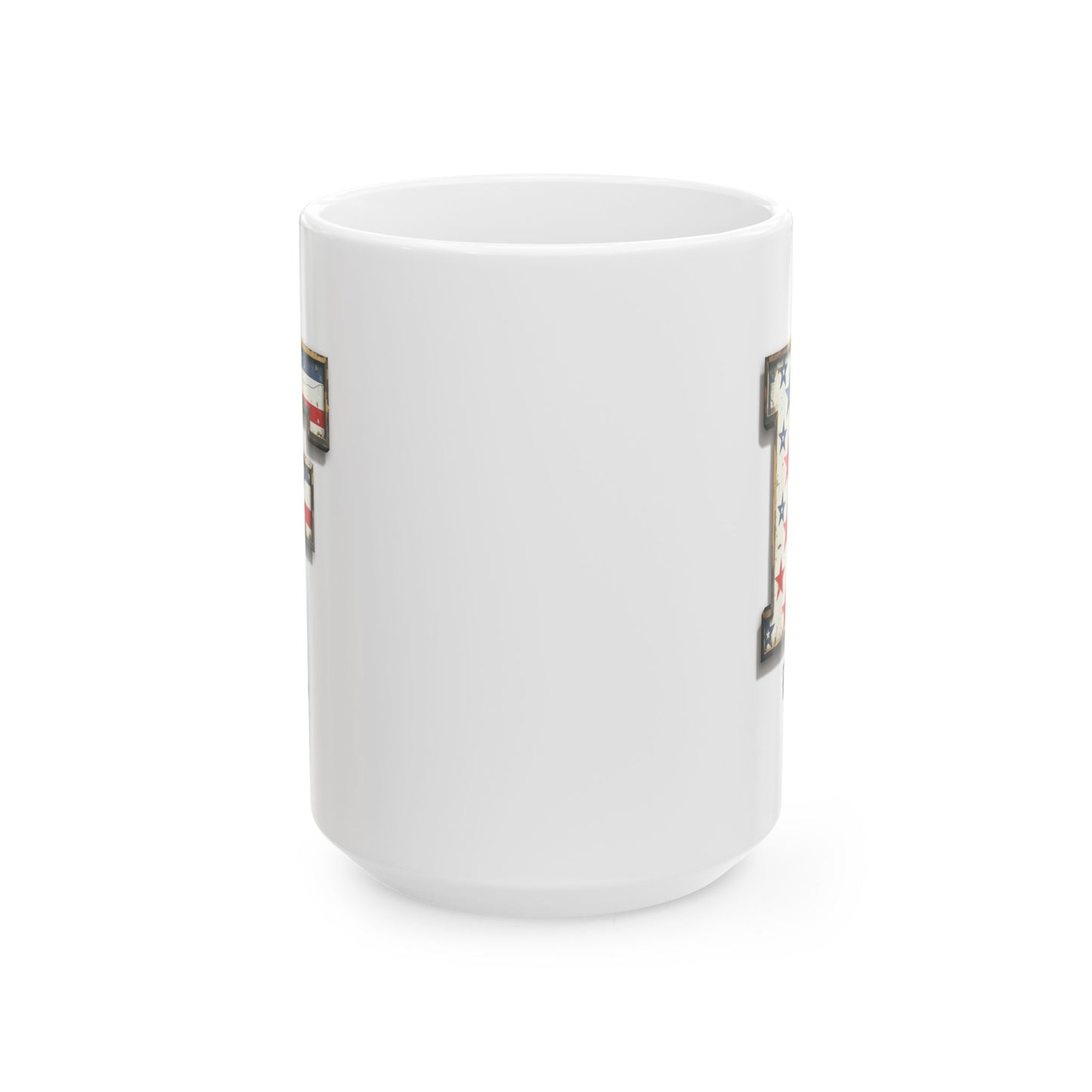 Mug - Patriotic American Flag Letter F with Kevin Name - Vintage Red, White, and Blue Design