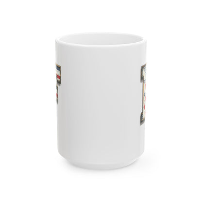 Mug - Patriotic American Flag Letter F with Kevin Name - Vintage Red, White, and Blue Design