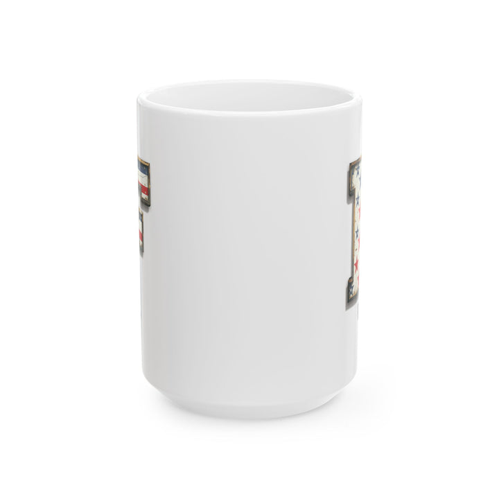 Mug - Patriotic American Flag Letter F with Kevin Name - Vintage Red, White, and Blue Design