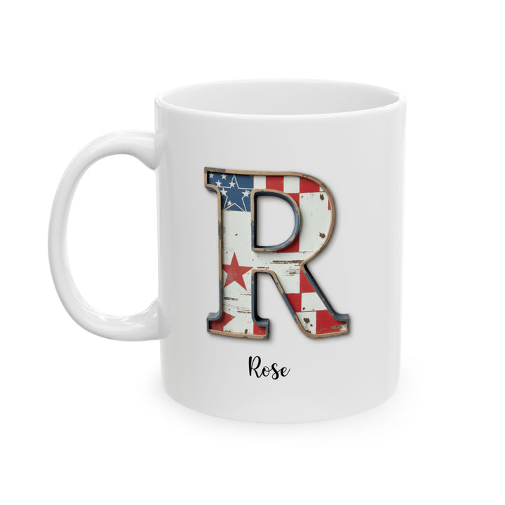 Mug - Patriotic American Flag Letter R with Kevin Name - Vintage Red, White, and Blue Design