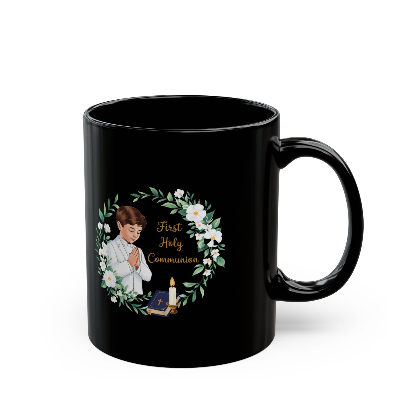 First Communion Boy Black Mug – Holy Gift with Prayer Design