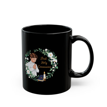 First Communion Boy Black Mug – Holy Gift with Prayer Design