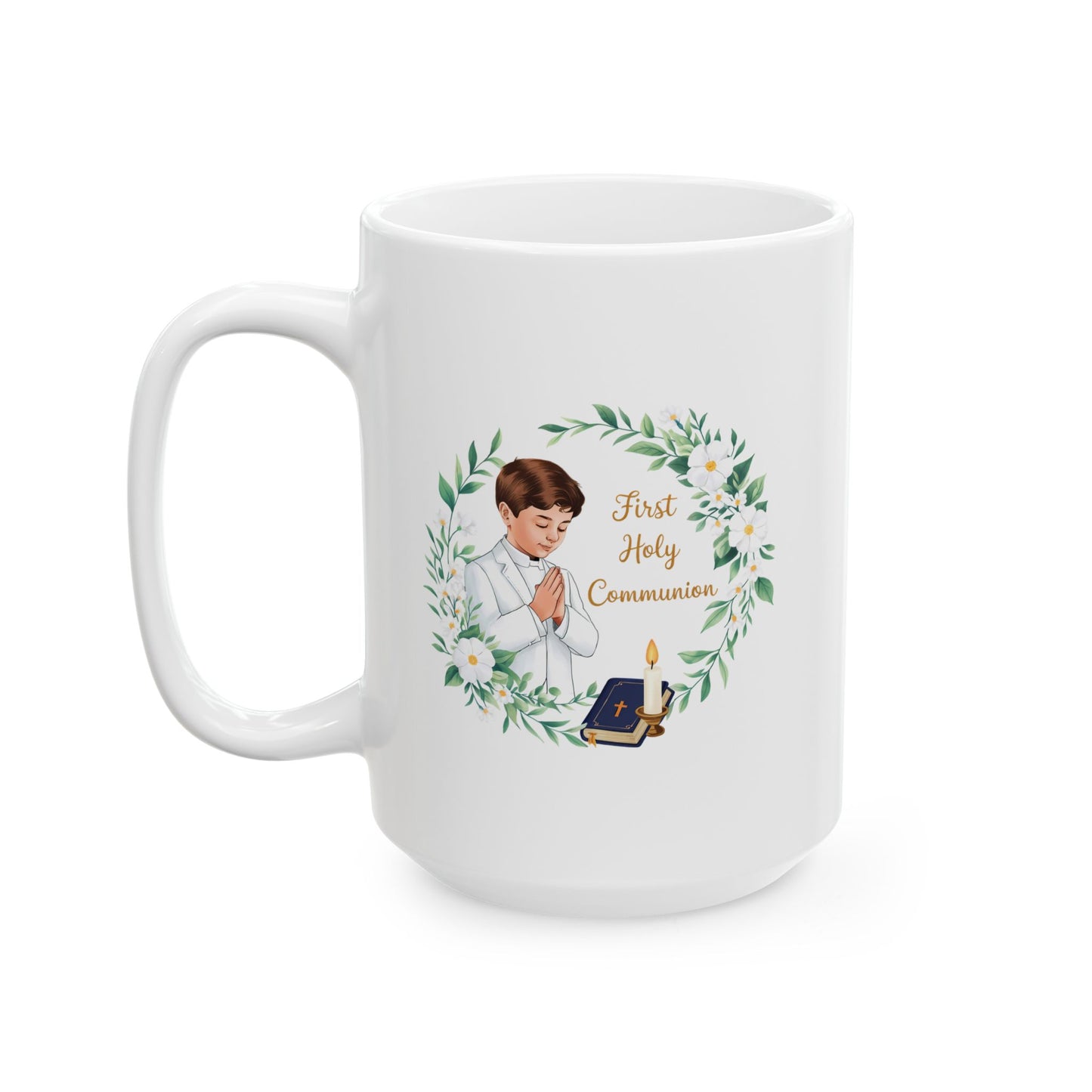 First Communion Boy White Mug – Holy Gift with Prayer Design