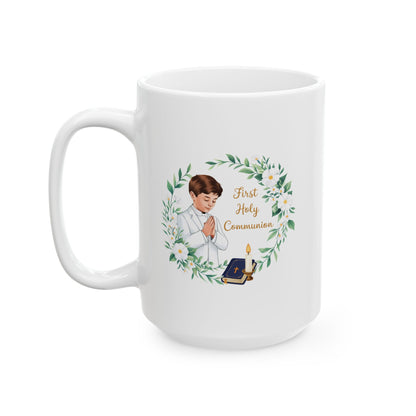 First Communion Boy White Mug – Holy Gift with Prayer Design