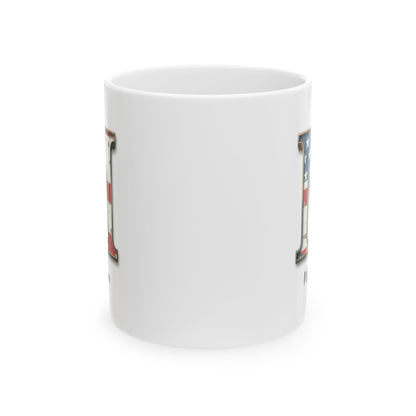 Mug - Patriotic American Flag Letter M with Kevin Name - Vintage Red, White, and Blue Design