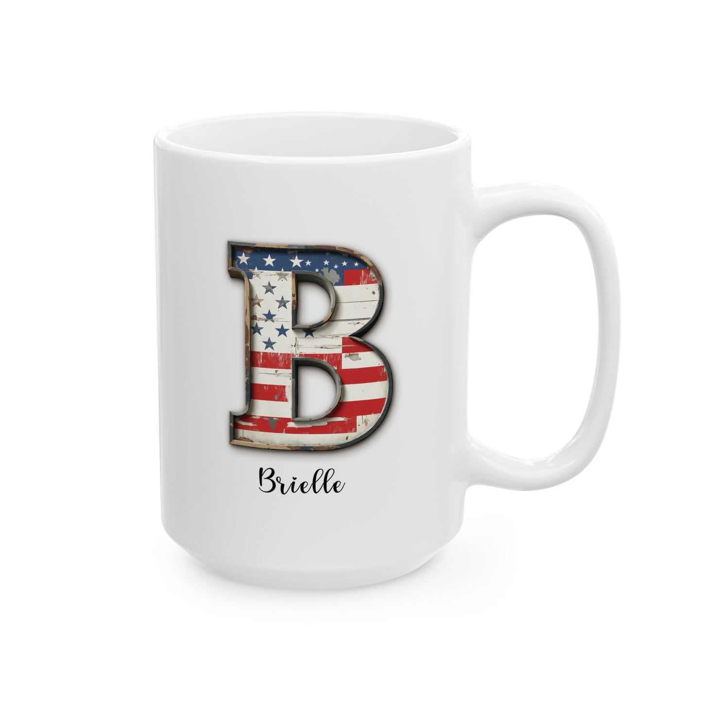Mug - Patriotic American Flag Letter B with Kevin Name - Vintage Red, White, and Blue Design