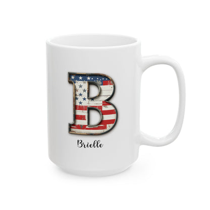 Mug - Patriotic American Flag Letter B with Kevin Name - Vintage Red, White, and Blue Design