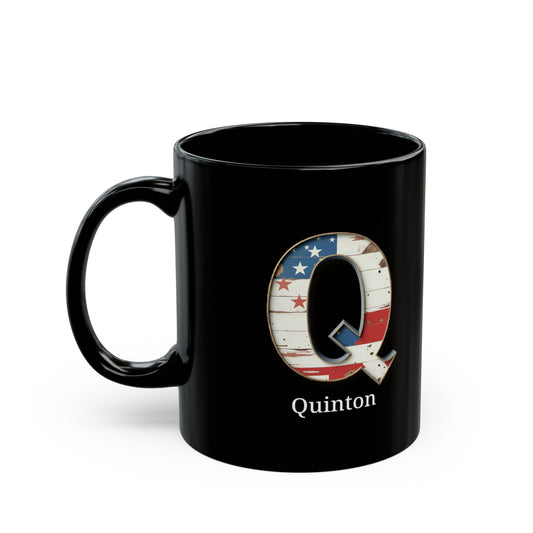 Black American Flag Mug with Letter Q and Name Quinton Personalized Patriotic Coffee Cup Gift for Men Veterans or American Flag Fans