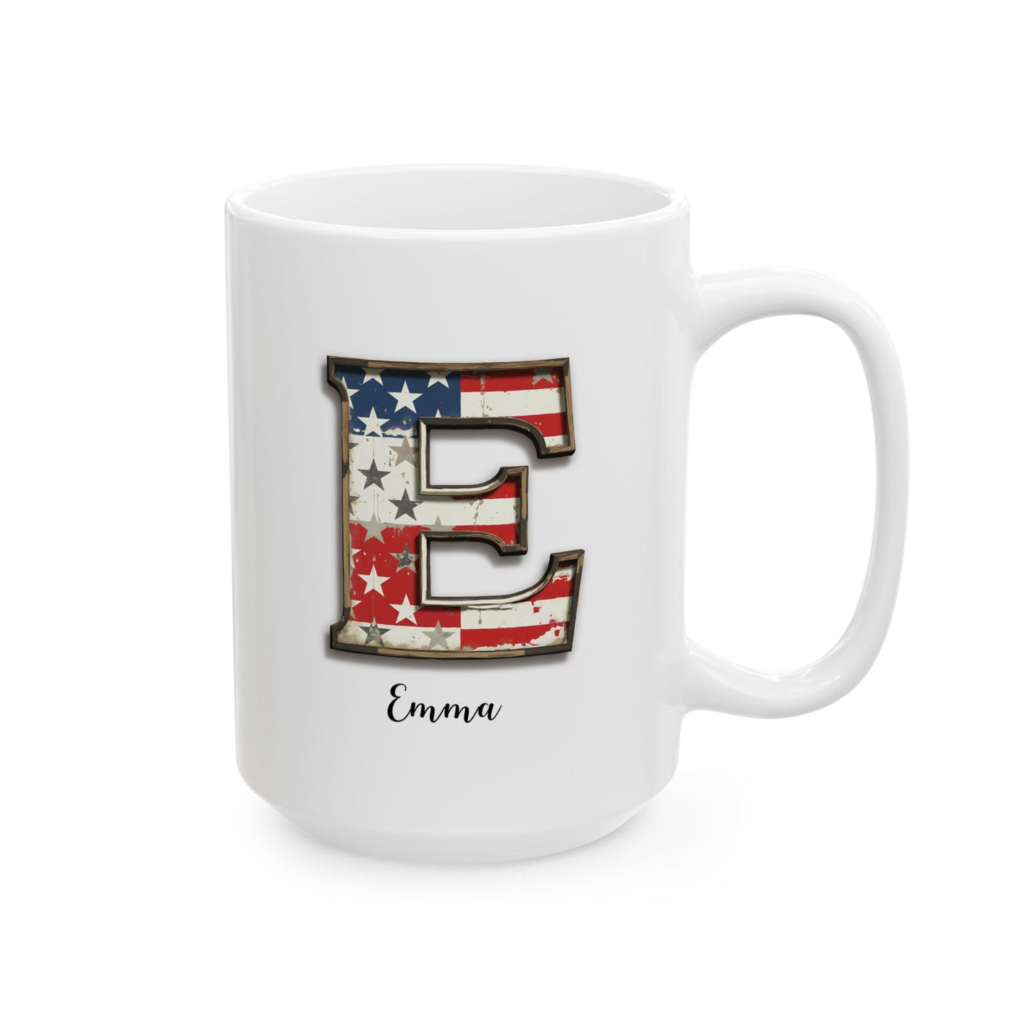 Mug - Patriotic American Flag Letter E with Kevin Name - Vintage Red, White, and Blue Design