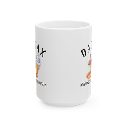 Dad Tax Mug – White with Detailed Snack Graphics