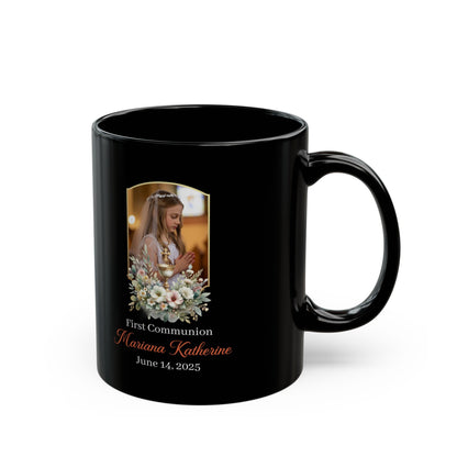 Black Personalized First Communion Mug for Girl – Custom Photo and Name Keepsake Gift for Catholic Celebration – Floral Holy Chalice Design