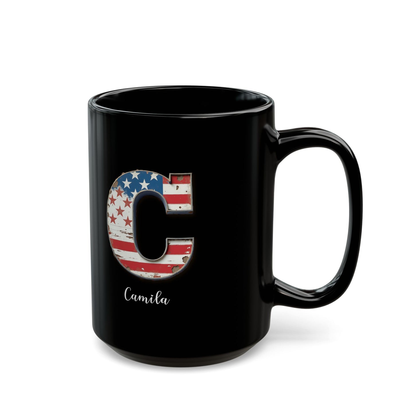 Mug - Patriotic American Flag Letter C with Kevin Name - Vintage Red, White, and Blue Design