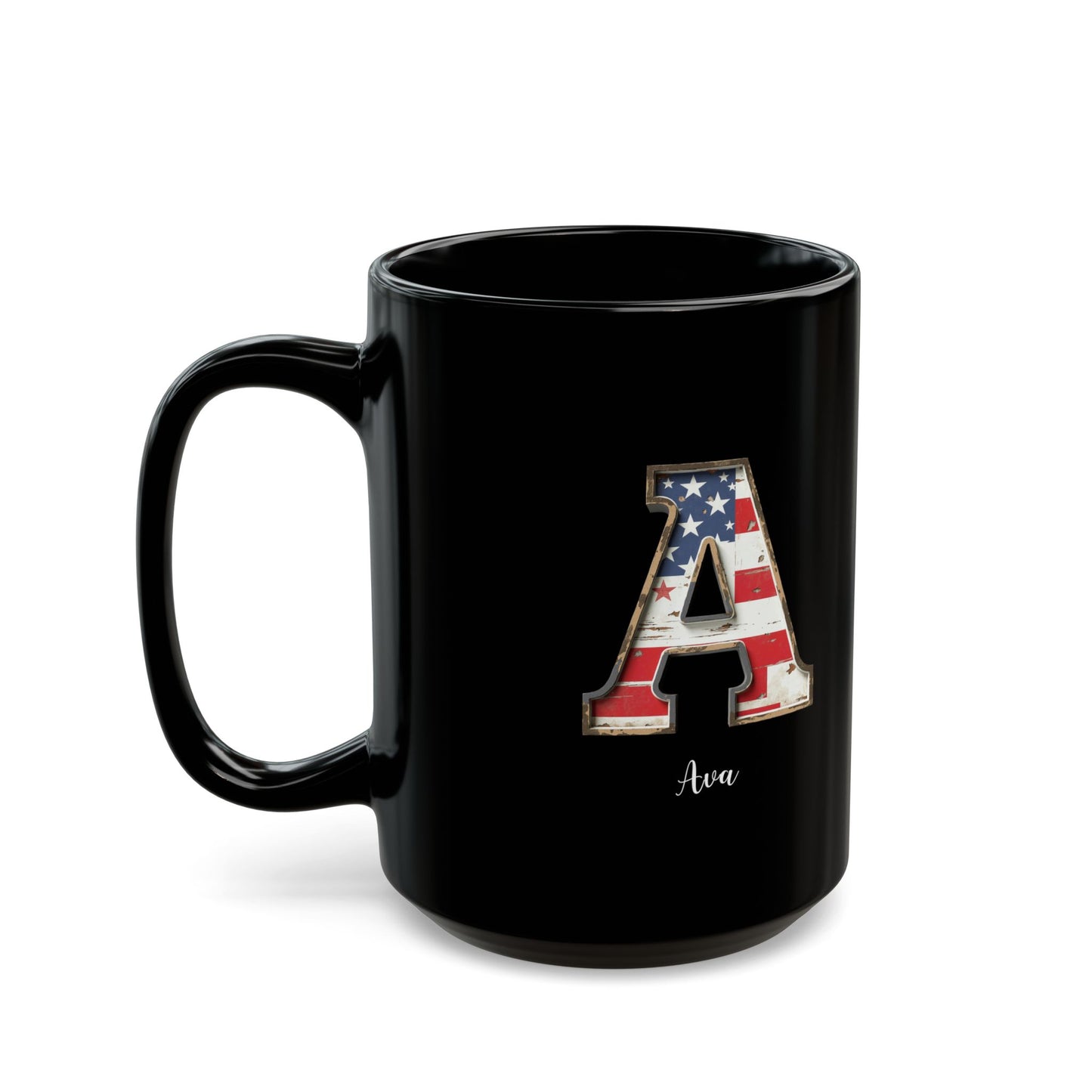 Patriotic Initial Mug – Letter A with American Flag – Custom Name Ava