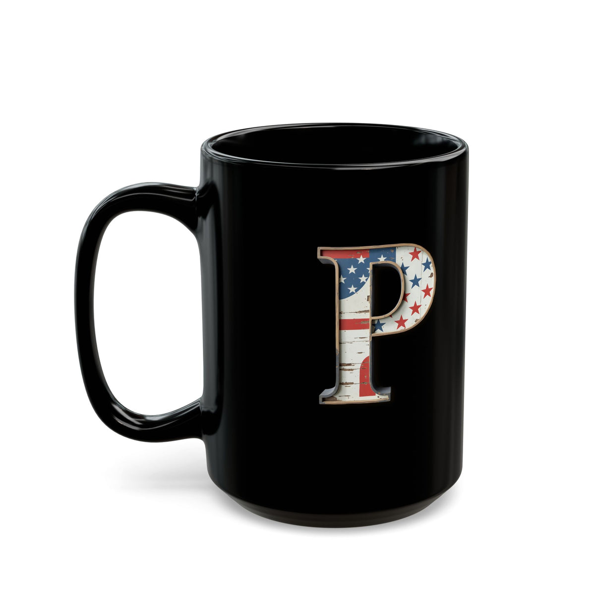 Black American Flag Mug with Letter P Patriotic Initial Coffee Cup Gift for Veterans Military Supporters or Proud Americans