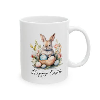 Happy Easter Bunny Mug – Watercolor Rabbit with Eggs and Flowers