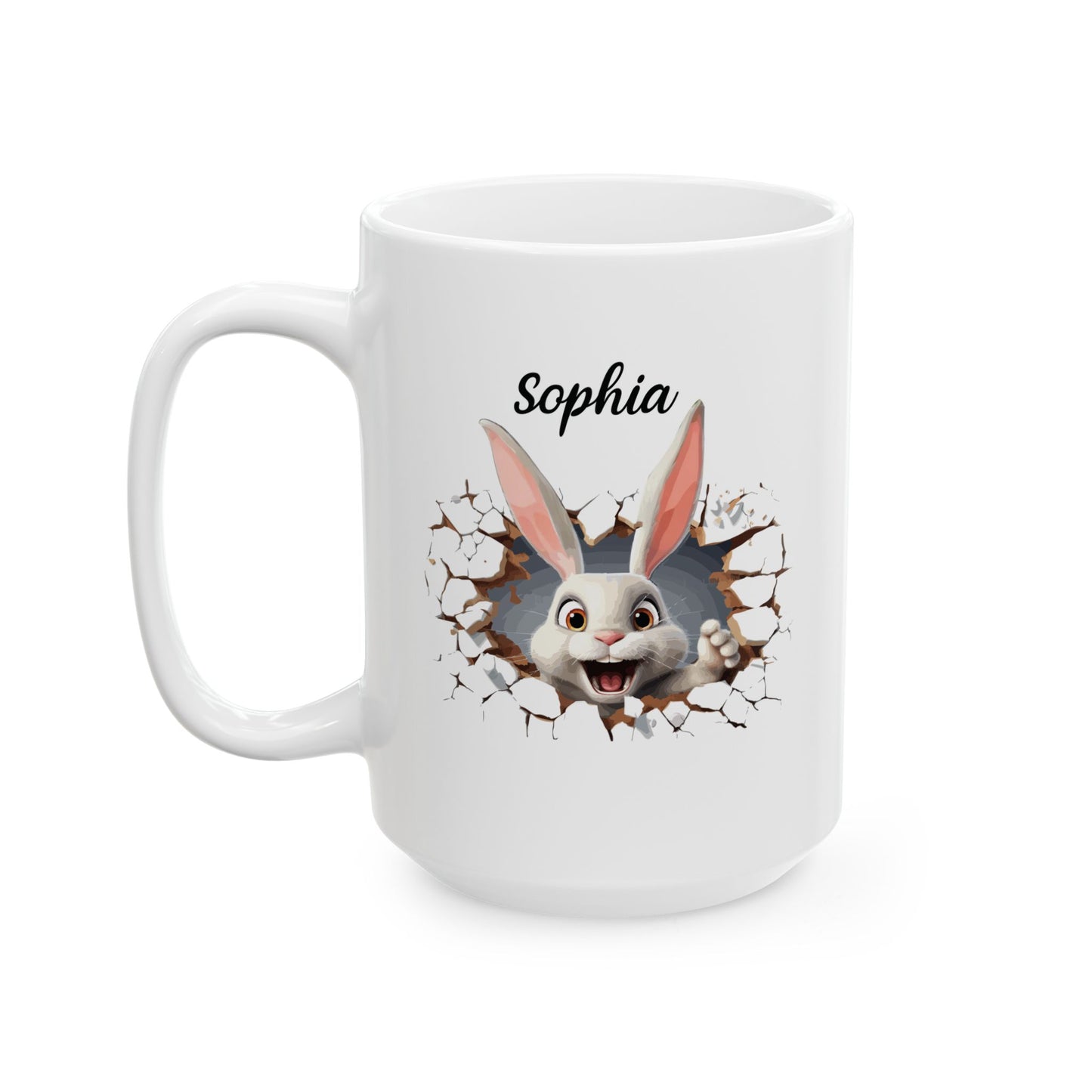 Funny Bunny Cracked Wall Mug – Custom Name Gift for Kids