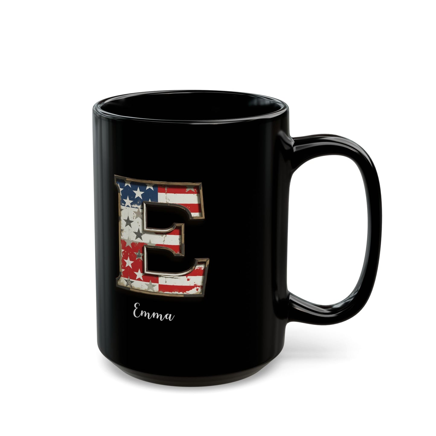 Mug - Patriotic American Flag Letter E with Kevin Name - Vintage Red, White, and Blue Design