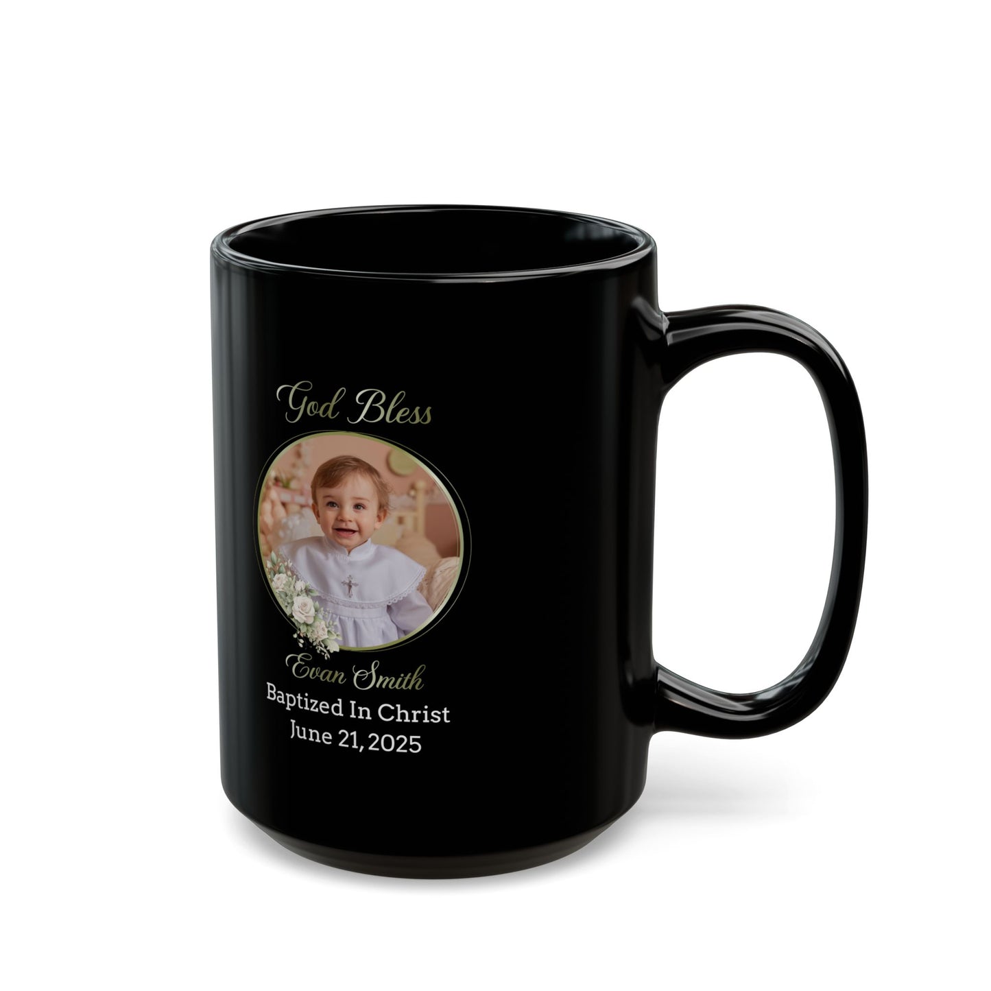 Black Personalized Baptism Mug for Boy – Custom Photo and Name Keepsake Gift – God Bless Evan Smith – Christian Baby Baptized in Christ 2025
