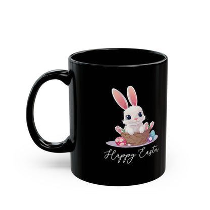 Happy Easter Bunny in Basket Mug – Cute Black Coffee Cup with Pastel Eggs