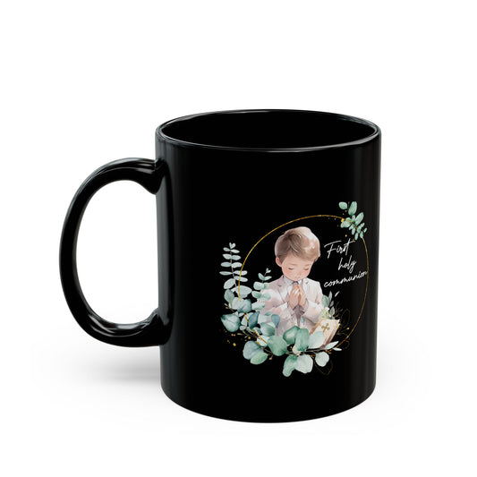 First Communion Mug for Boy – Black Mug with Eucalyptus Prayer Art