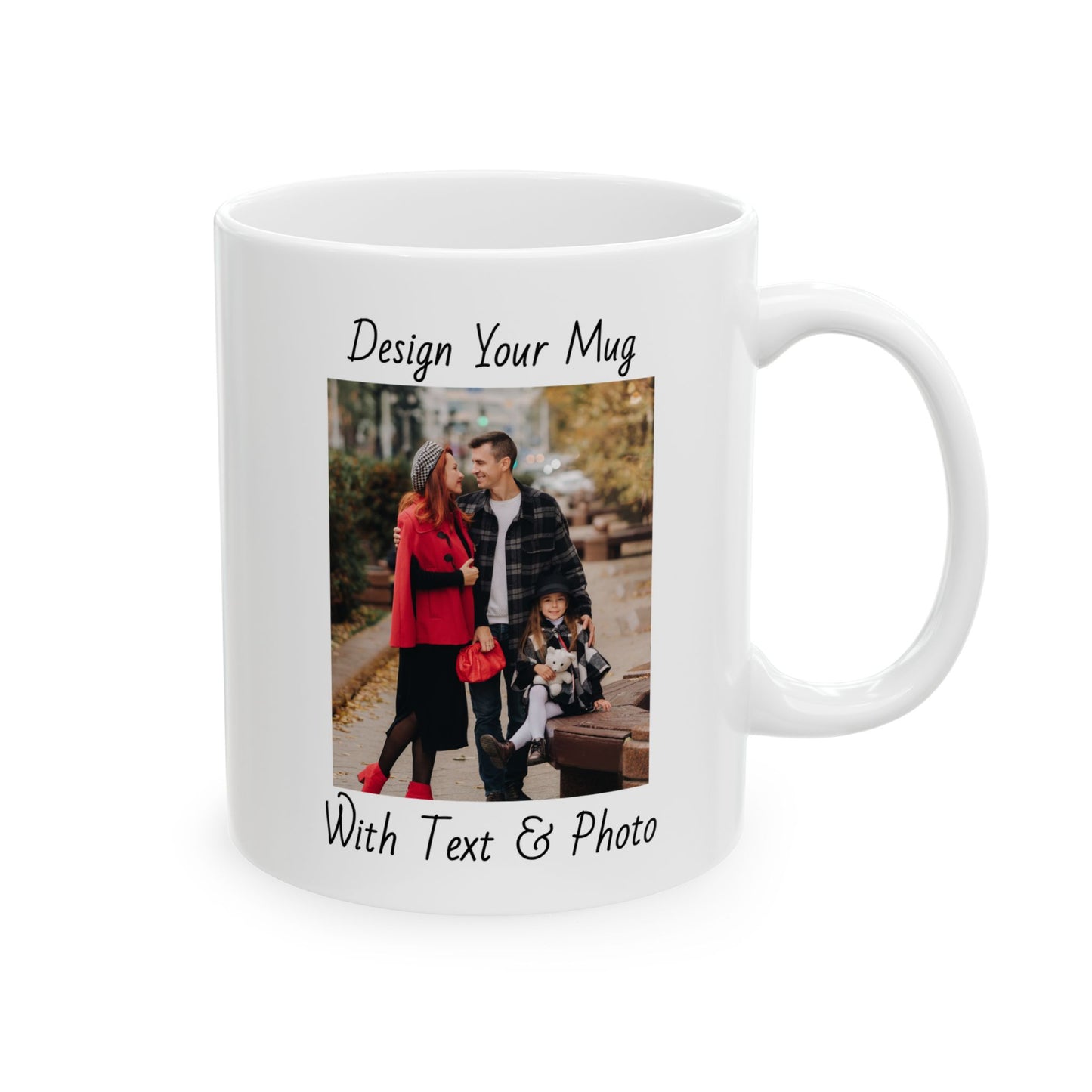 Family Fall Fashion - Mom, Dad, and Daughter in Stylish Outerwear Outdoors Mug