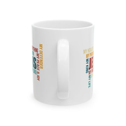 Jesus Is Word Cloud White Mug – Christian Faith Inspiration