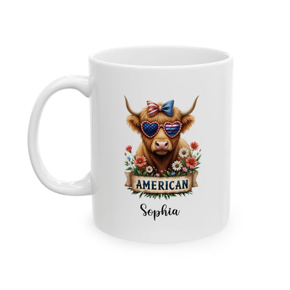 Custom Patriotic Highland Cow Mug – Personalized 4th of July Gift
