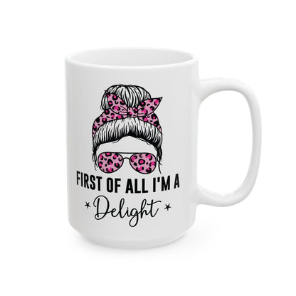 First of All, I'm a Delight – Quirky Mustache Mug with Leopard Print Accents