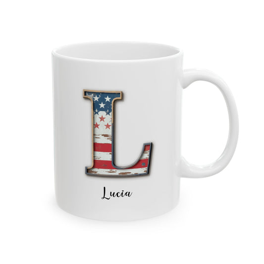 Mug - Patriotic American Flag Letter L with Kevin Name - Vintage Red, White, and Blue Design