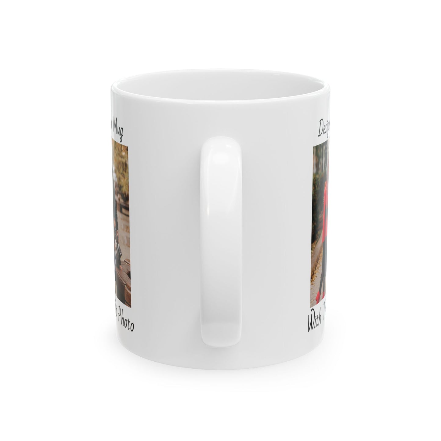 Family Fall Fashion - Mom, Dad, and Daughter in Stylish Outerwear Outdoors Mug